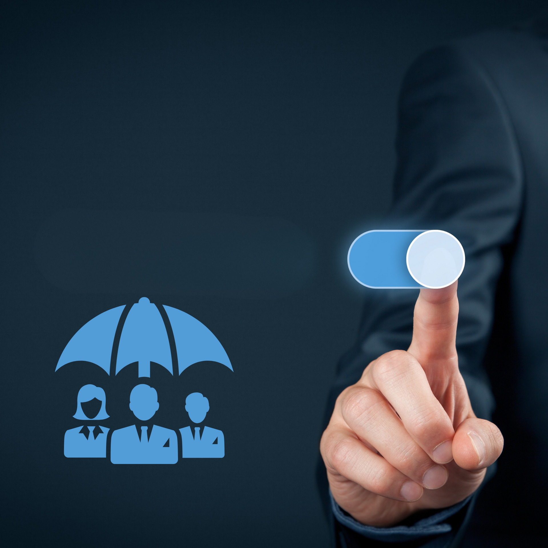 A person is pressing a button with a group of people under an umbrella