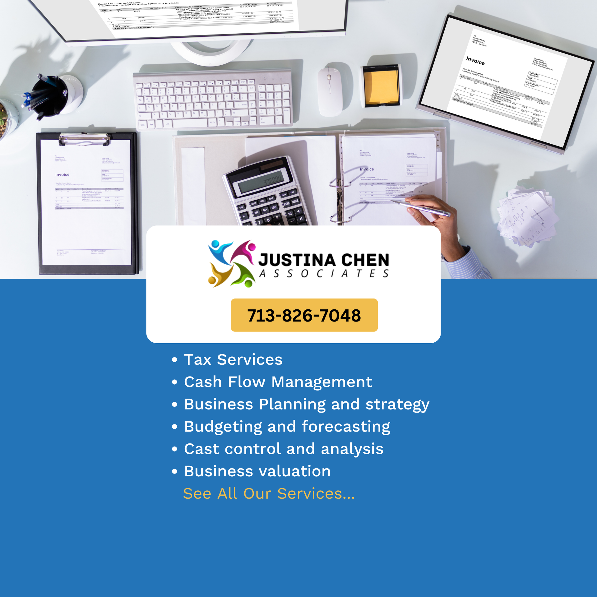 An advertisement for justina chen cpa services