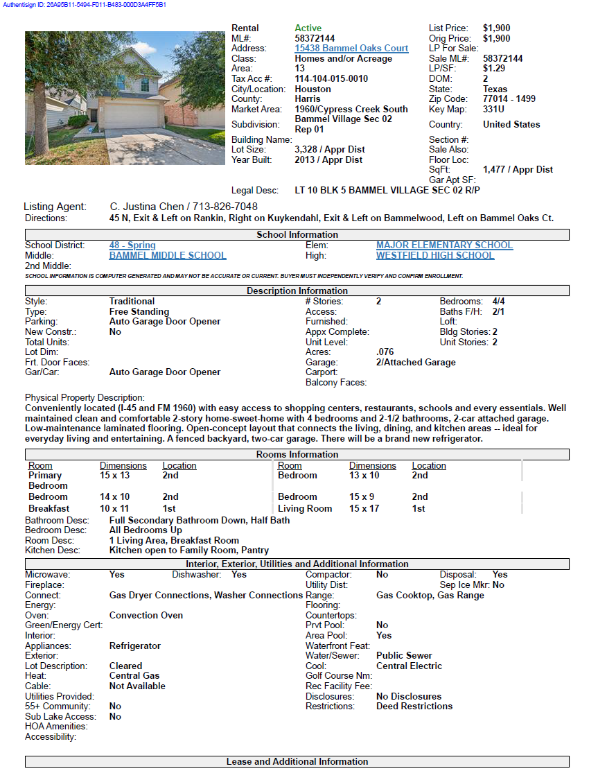 Real estate listing with a photo of a two-story house and property details.