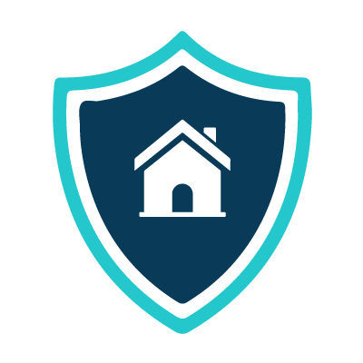 Blue shield logo with white house icon and turquoise outline