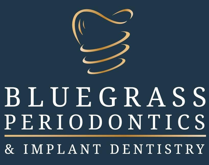 Bluegrass Periodontics logo: Gold tooth with swirls, dark blue background, white text.