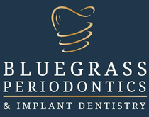 Bluegrass Periodontics logo: Gold tooth with swirls, dark blue background, white text.