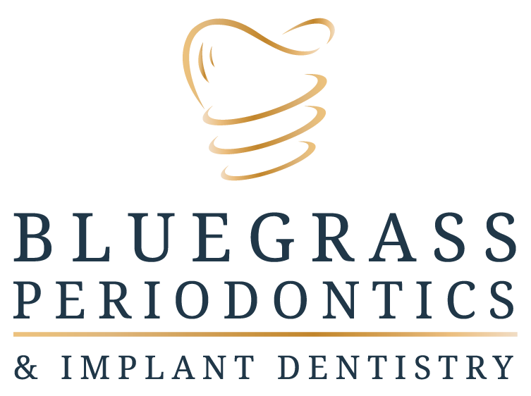 Bluegrass Periodontics & Implant Dentistry logo: Gold tooth and concentric circles over navy text.