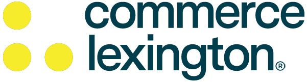 Commerce Lexington logo with yellow dots and dark teal text.