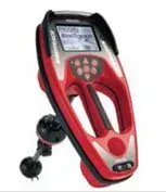 Red and silver hand-held utility device with a screen and buttons, used outdoors.