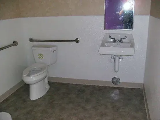 Accessible bathroom with toilet, sink, mirror, and grab bars on a dark floor.