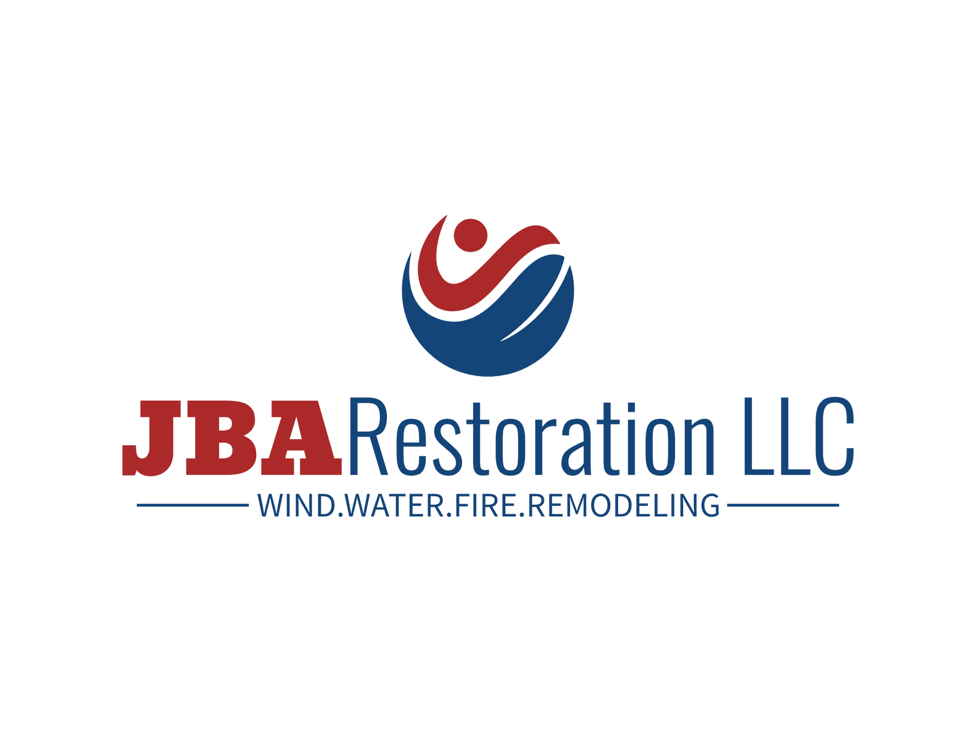 Logo for JBA Restoration LLC. Red text "JBA", blue "Restoration LLC." Top icon is blue sphere with red and white