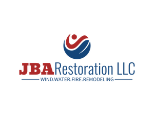 Logo for JBA Restoration LLC. Red text "JBA", blue "Restoration LLC." Top icon is blue sphere with red and white