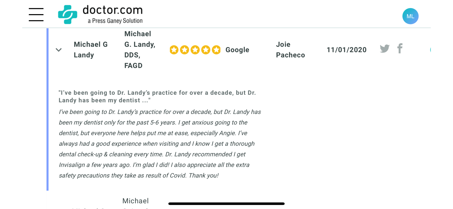 Review By Joie Pacheco — Washington, DC — Michael G. Landy, DDS.