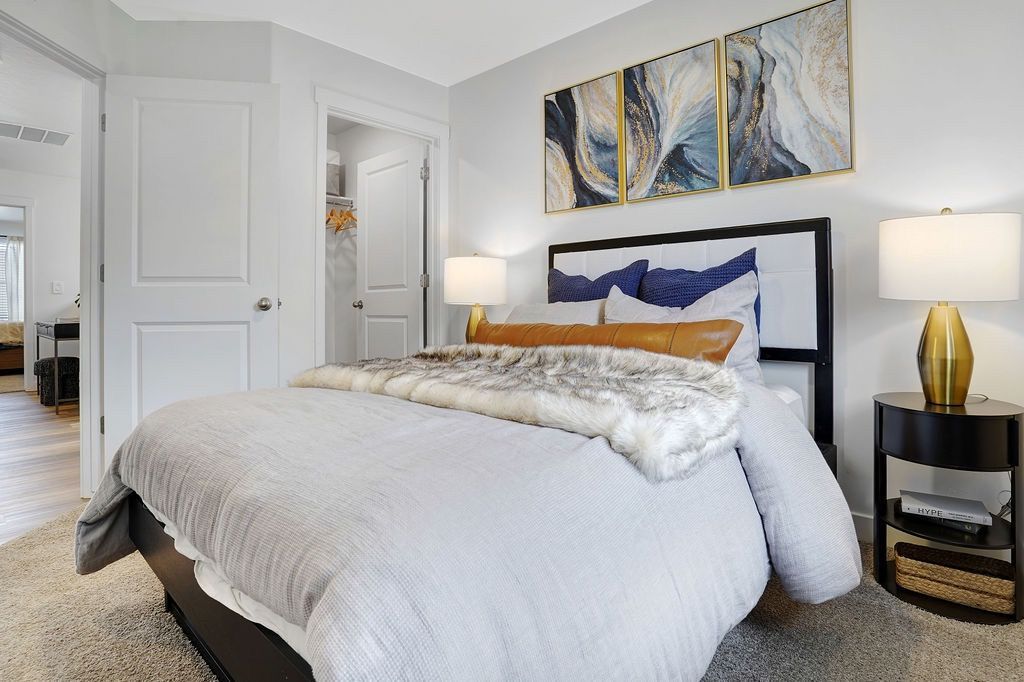 Modern bedroom with a large bed, two nightstands, artwork above, and an open closet.