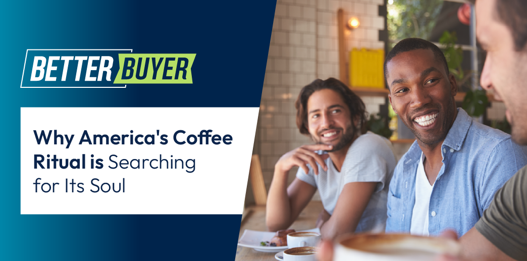 Several men enjoying a conversation and coffee at a coffee shop.
