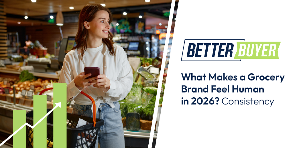 A young woman at the grocery store using her phone to check prices.
