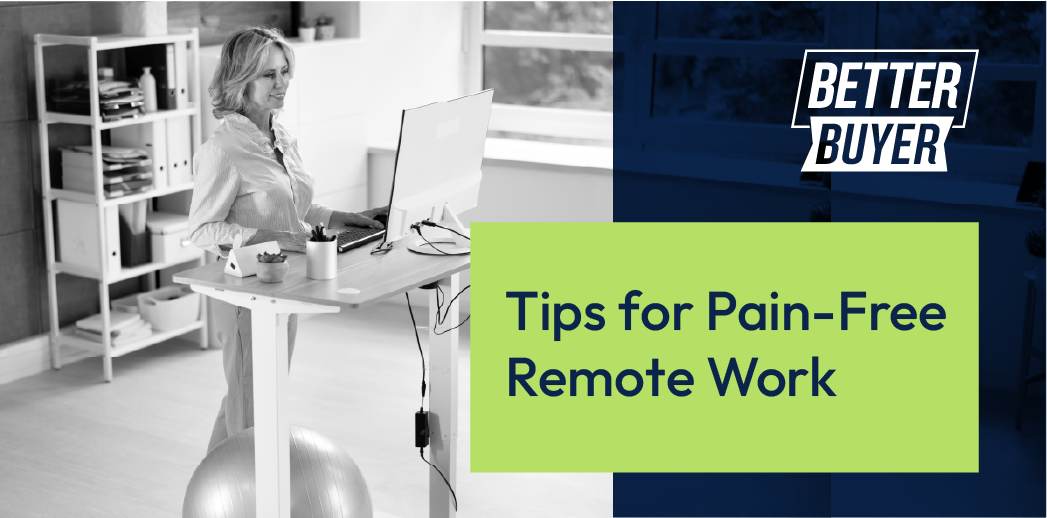 A woman is at a standing desk for pain relief for remote work