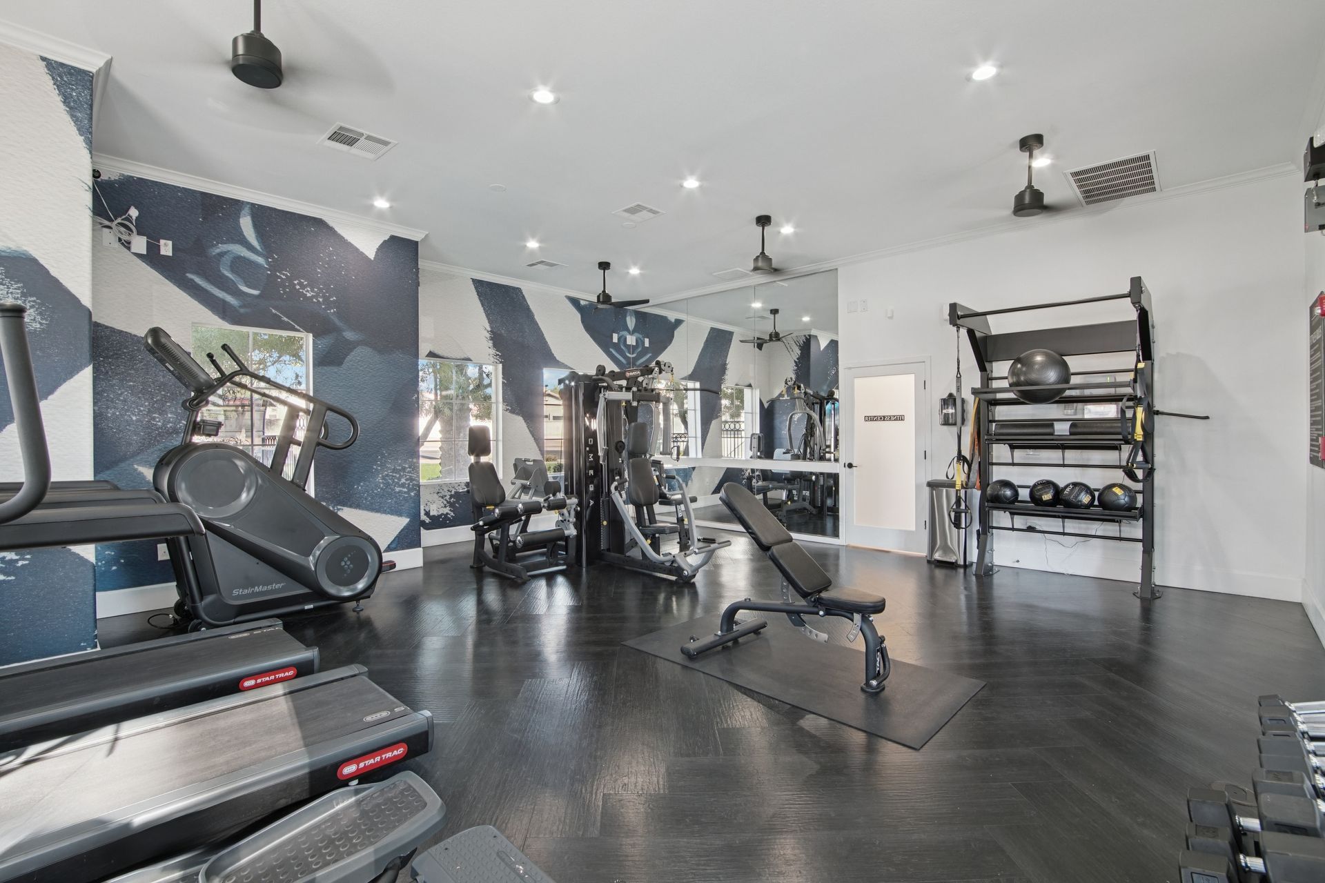 Gym with exercise machines, weights, and a mirror on black flooring. Blue and white mural on the wall.