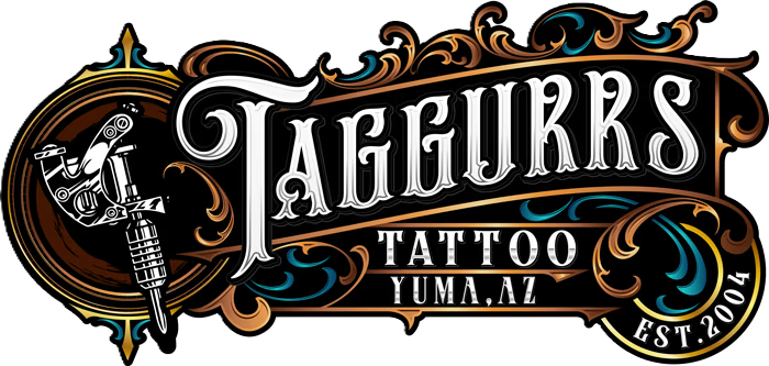 TagGurrs Tattoo logo: a tattoo gun illustration, ornate font, black, gold, and teal details, Yuma, AZ.