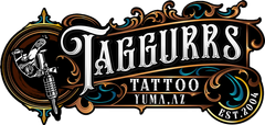 TagGurrs Tattoo logo: a tattoo gun illustration, ornate font, black, gold, and teal details, Yuma, AZ.