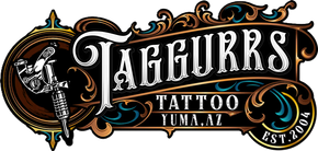 TagGurrs Tattoo logo: a tattoo gun illustration, ornate font, black, gold, and teal details, Yuma, AZ.