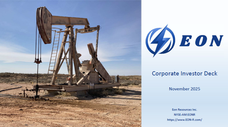 Pump jack in barren landscape. Corporate Investor Deck logo, 