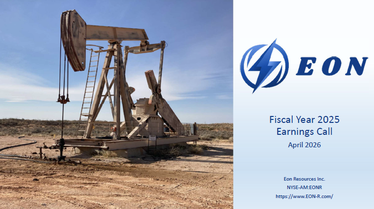 Old oil pumpjack in a desert beside EON fiscal year 2025 earnings call title slide