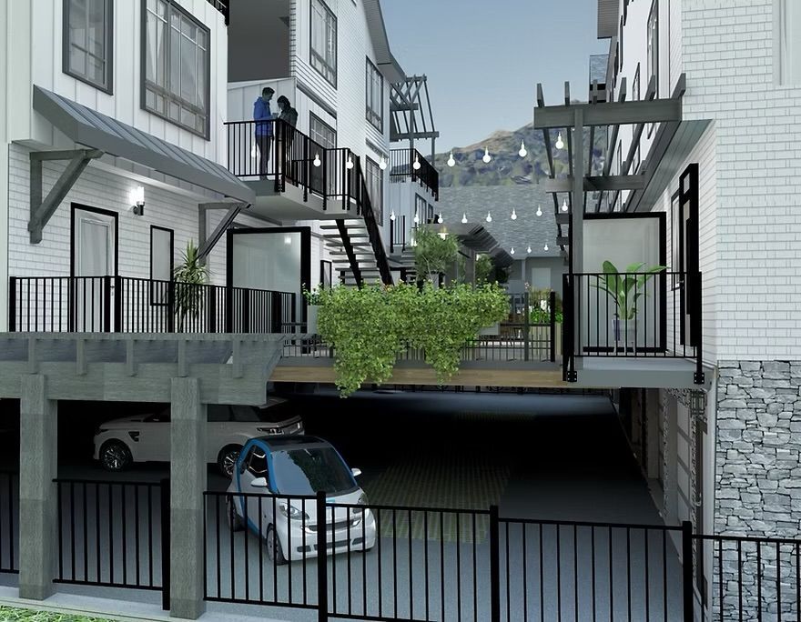 An artist 's impression of a building with a car parked underneath it