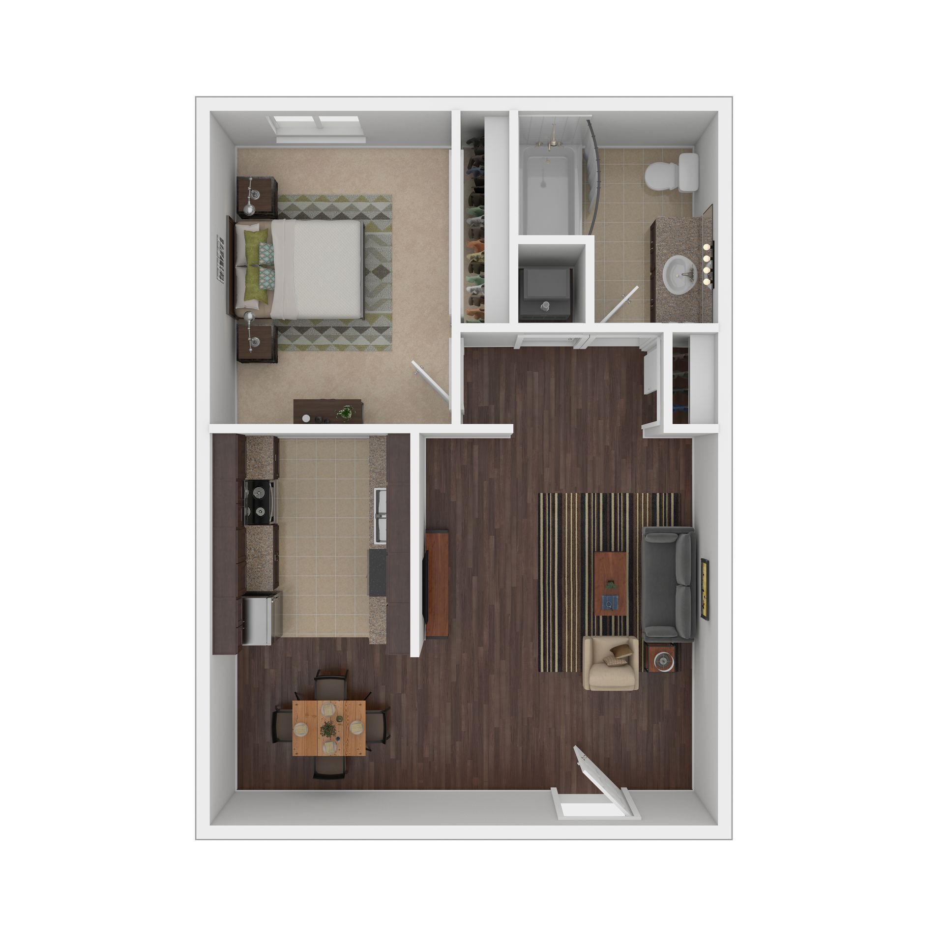 Floor plan of a one-bedroom apartment with living area, kitchen, bedroom, and bathroom.