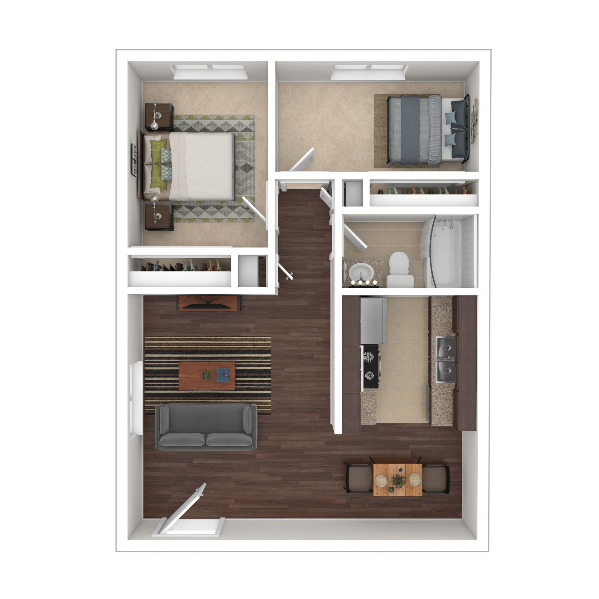 Floor plan: Two-bedroom apartment layout with living room, kitchen, and bathroom.