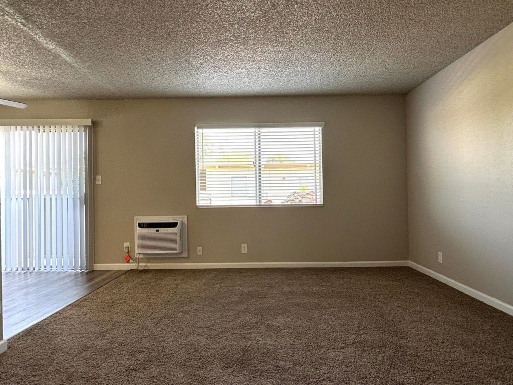 Empty living room with brown carpet, tan walls, sliding glass door, and window.