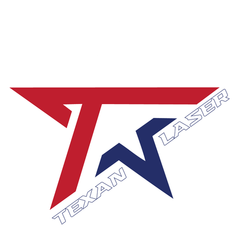 A red white and blue logo for texan laser