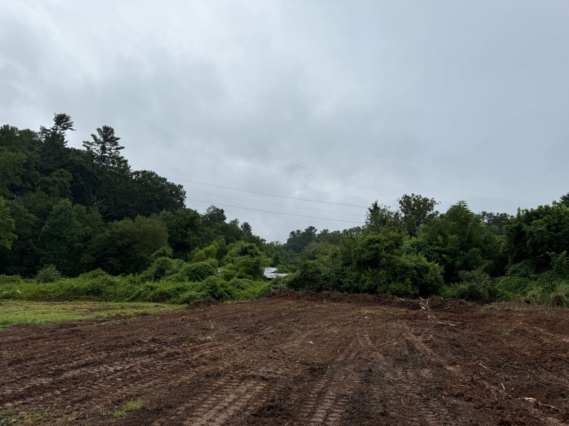 A cloudy day over a muddy field bordering lush green trees and a distant body of water.