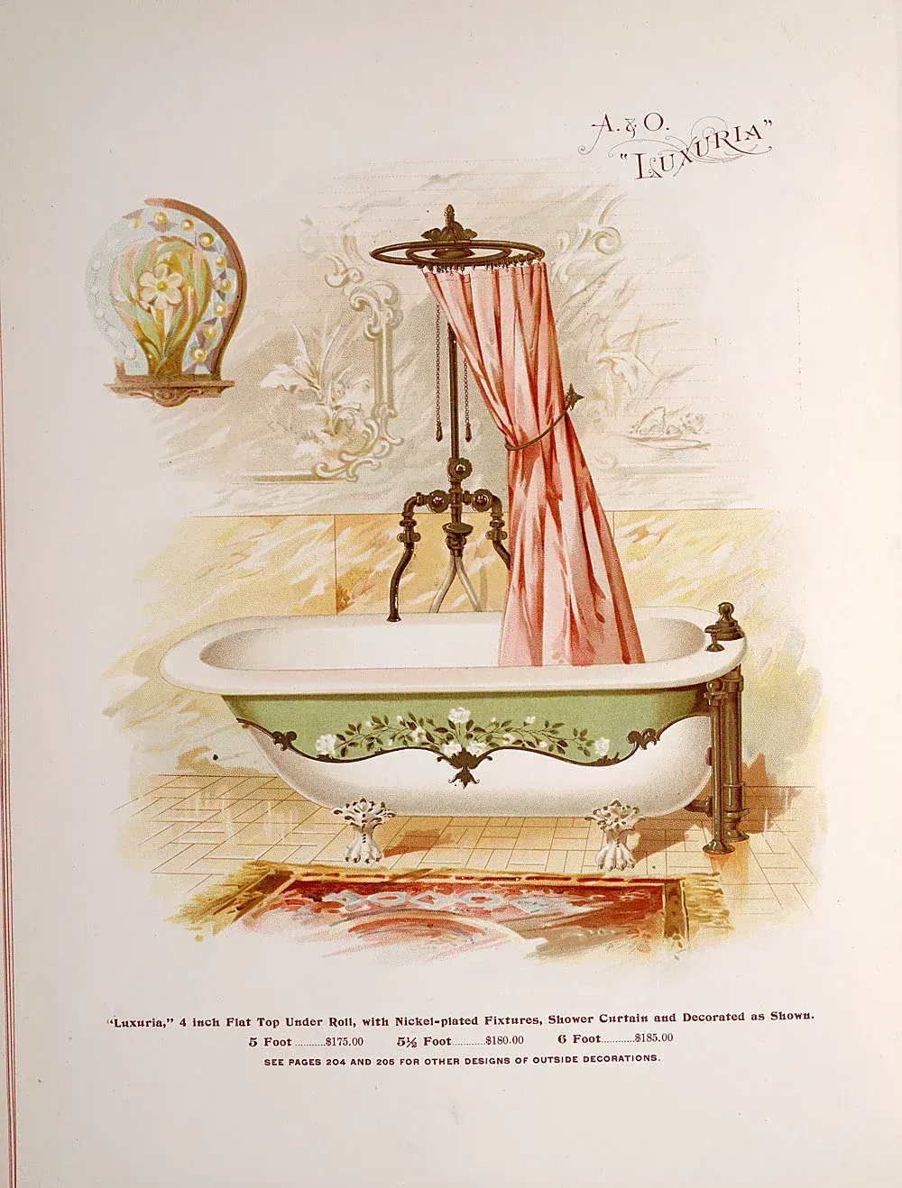 A drawing of a bathtub with a pink curtain on it