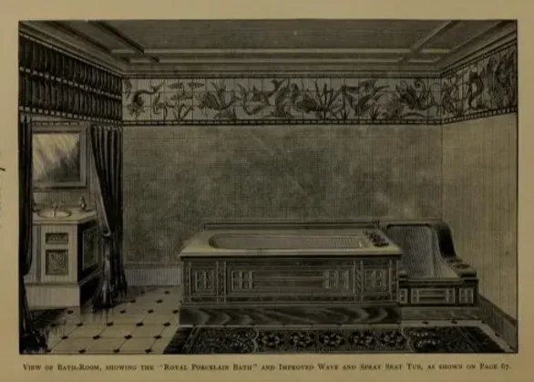 A black and white photo of a bathroom with a bathtub