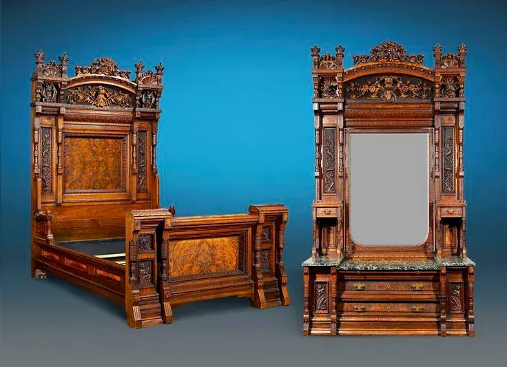 A bed and dresser with a mirror on a blue background