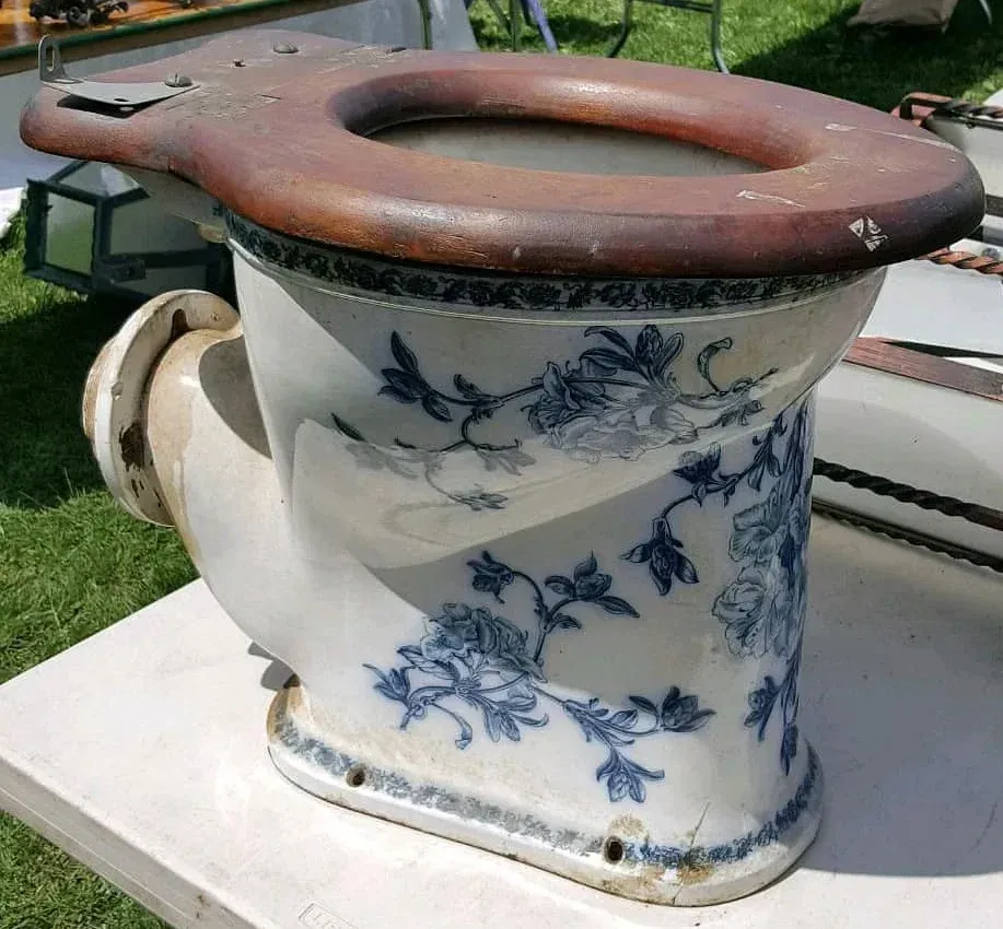 A blue and white toilet with flowers on it