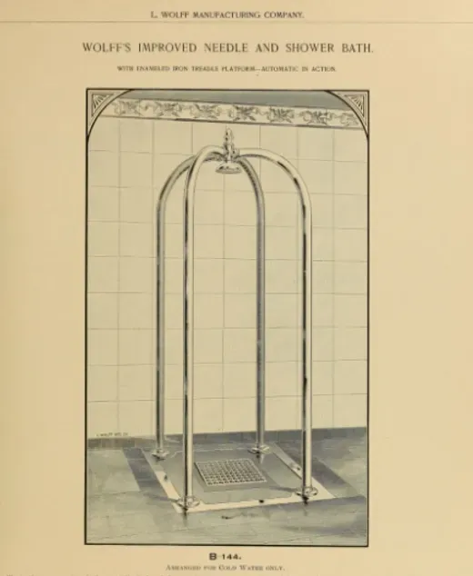 A black and white photo of a wolff 's improved needle and shower bath