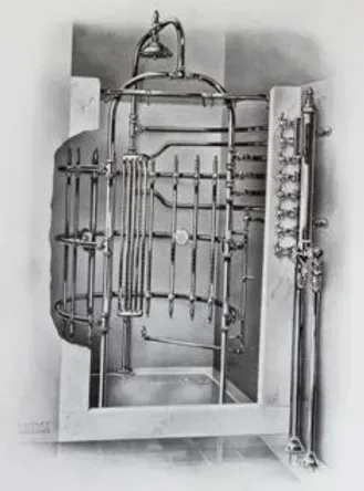 A black and white drawing of a shower stall