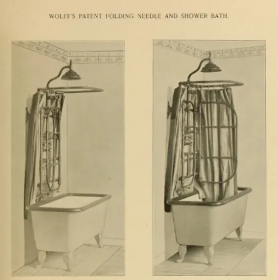 A black and white photo of a wolff 's patent folding needle and shower bath