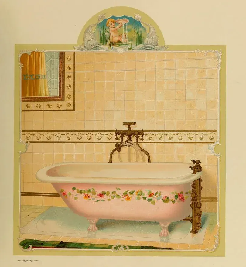 A painting of a bathtub in a bathroom