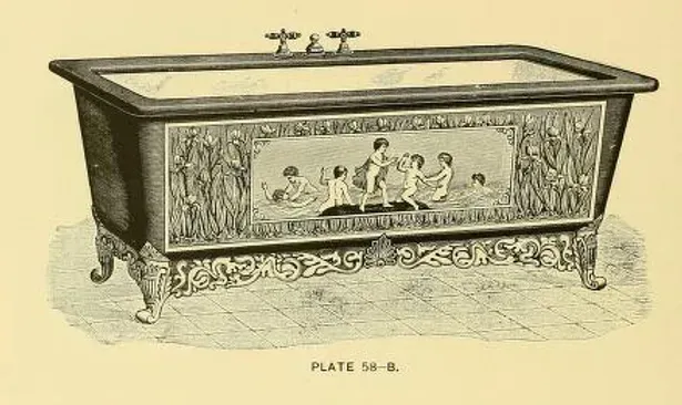 A black and white drawing of a bathtub with a picture of people on it.