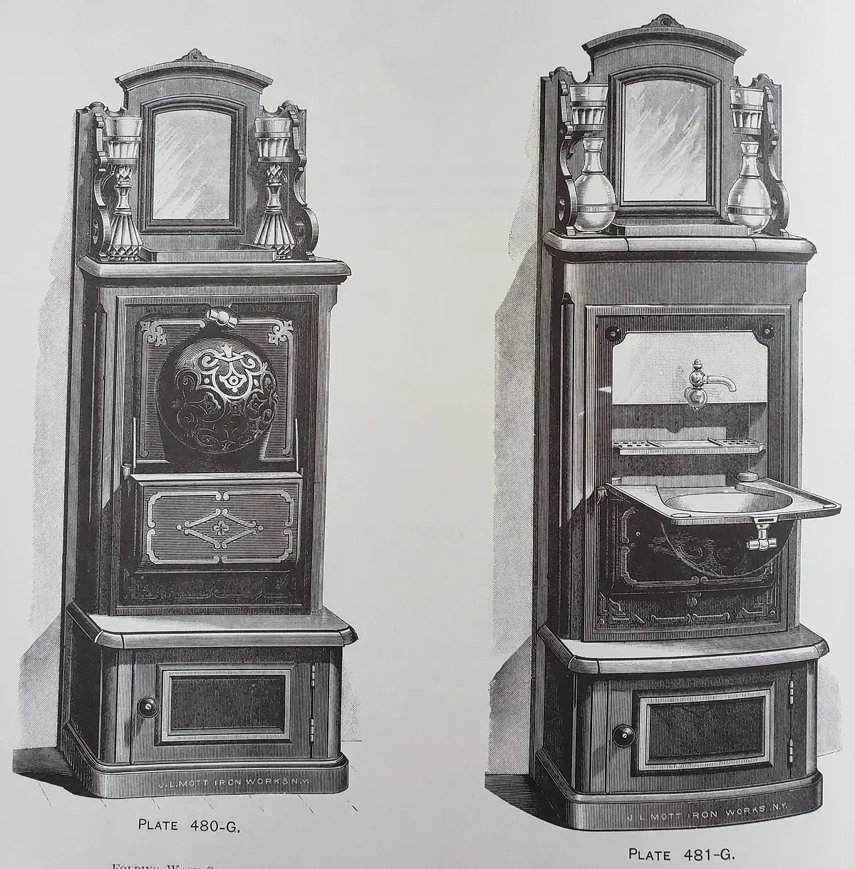 A black and white drawing of a cabinet with a mirror and a sink