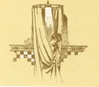 A black and white drawing of a woman behind a curtain