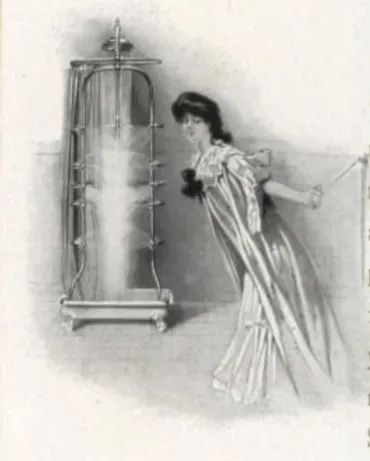 A black and white drawing of a woman standing next to a shower