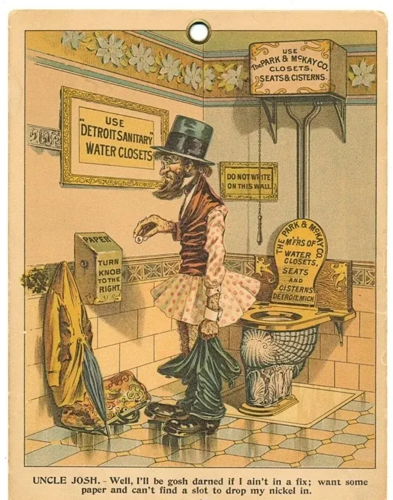 A cartoon of a man in a top hat standing next to a toilet