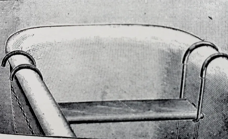 A black and white drawing of a chair with a wooden seat