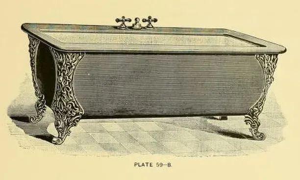 A black and white drawing of a bathtub on a table.