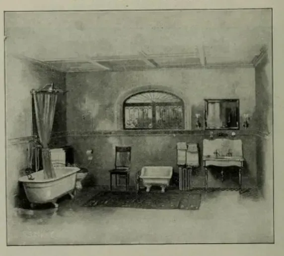 A black and white photo of a bathroom with a bathtub and sink