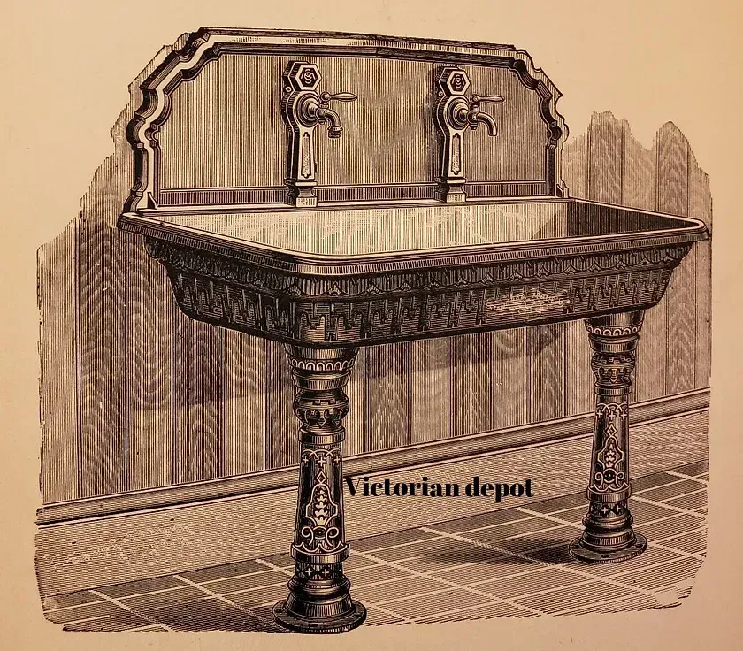 A black and white drawing of a sink with the words victorian depot below it