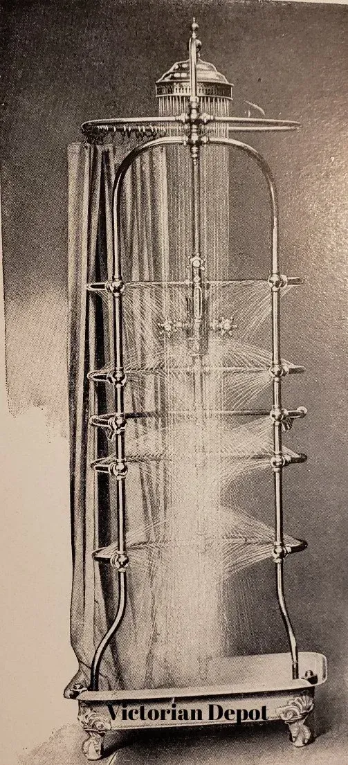 A black and white photo of a victorian shower