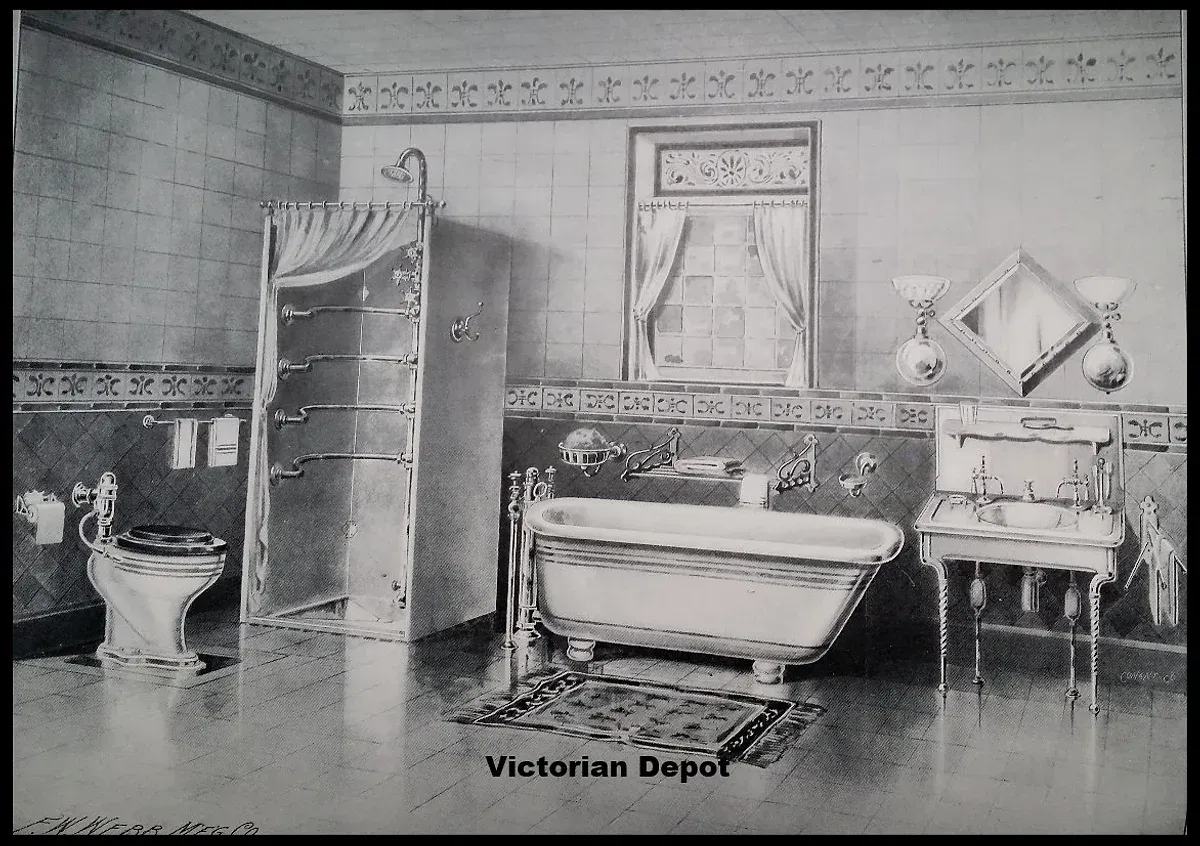 A black and white photo of a victorian depot bathroom