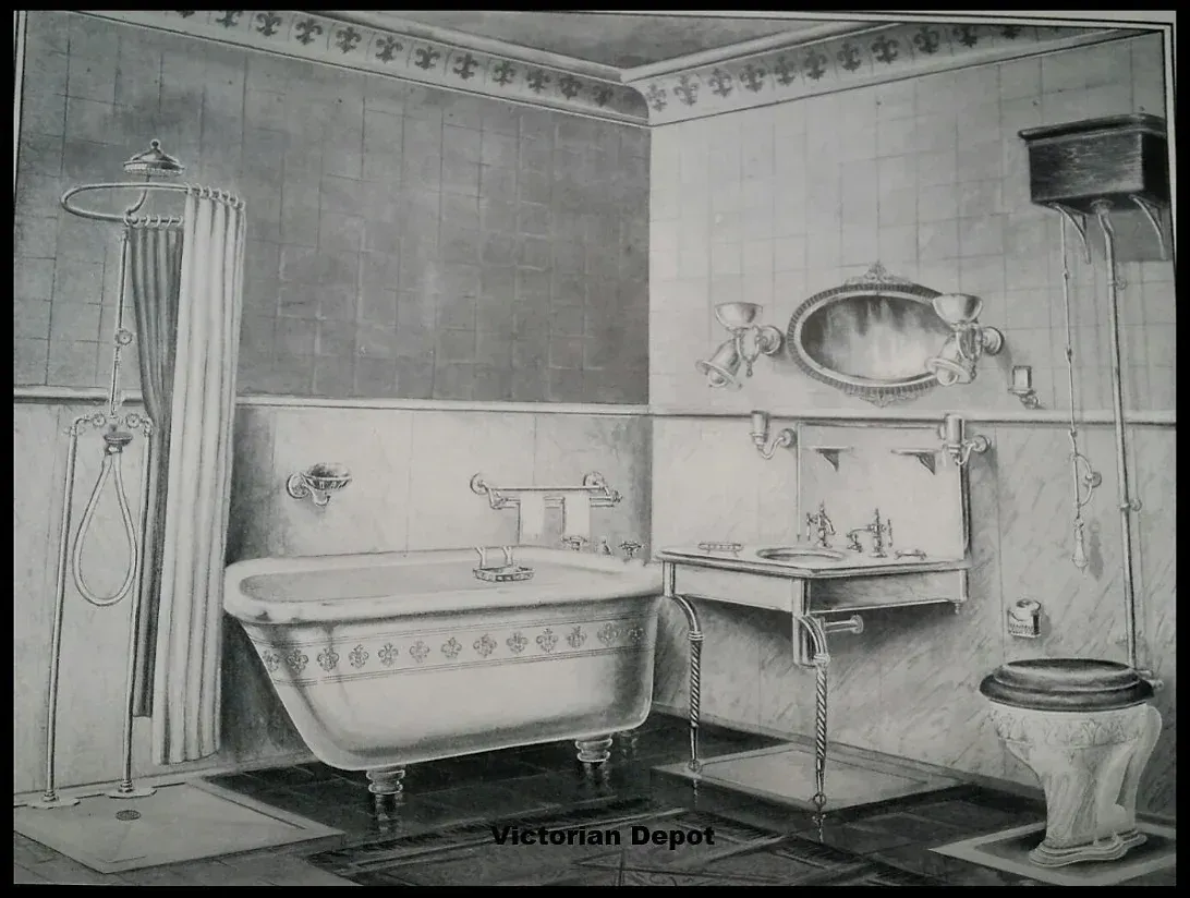 A black and white photo of a victorian bathroom