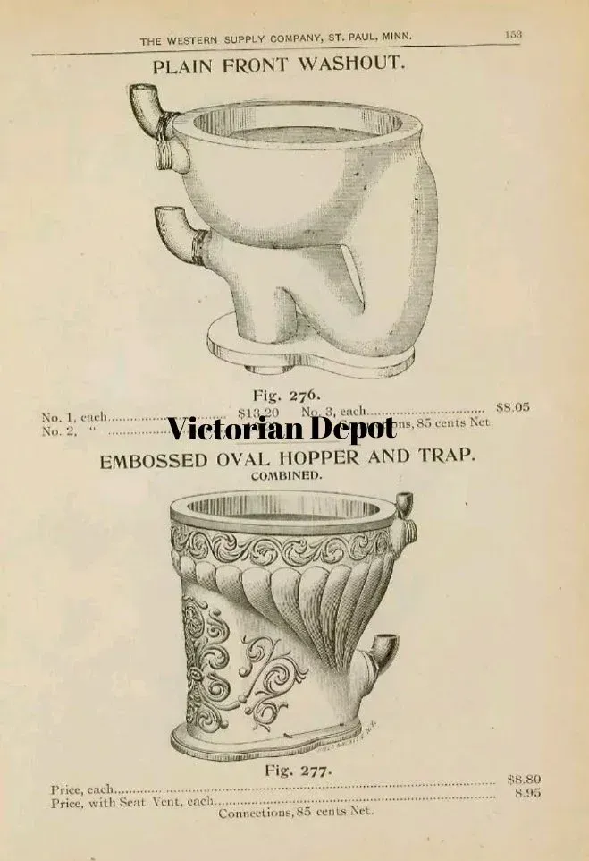 A black and white drawing of two toilets from the victorian depot